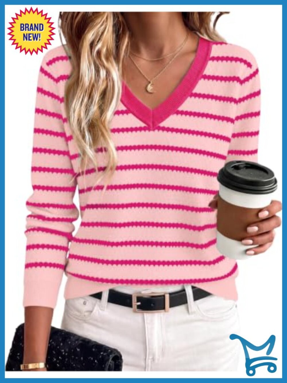 Womens Long Sleeve Striped Crochet Pullover Sweater Lightweight Knit V Neck
